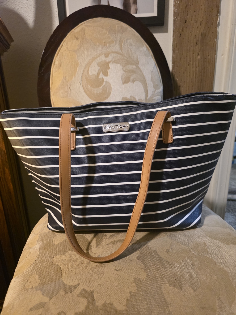 Nautica Navy and White Striped Tote with Tan Handles